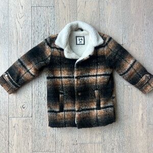 Cozy Plaid Cotton On Kids Pea Coat with Sherpa Collar size 3-4